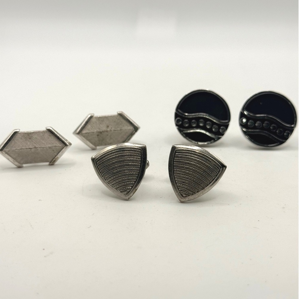 Vintage Swank Cufflinks Set 3 Pairs Silver Tone Geometric Black Enamel MCM Mens